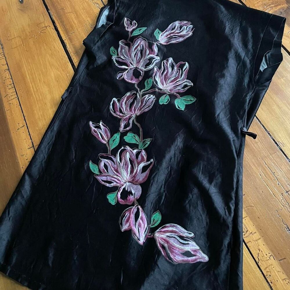 Vintage Hand Painted Julie Girl Robe 90s Black Capped Sleeve Size Small Retro